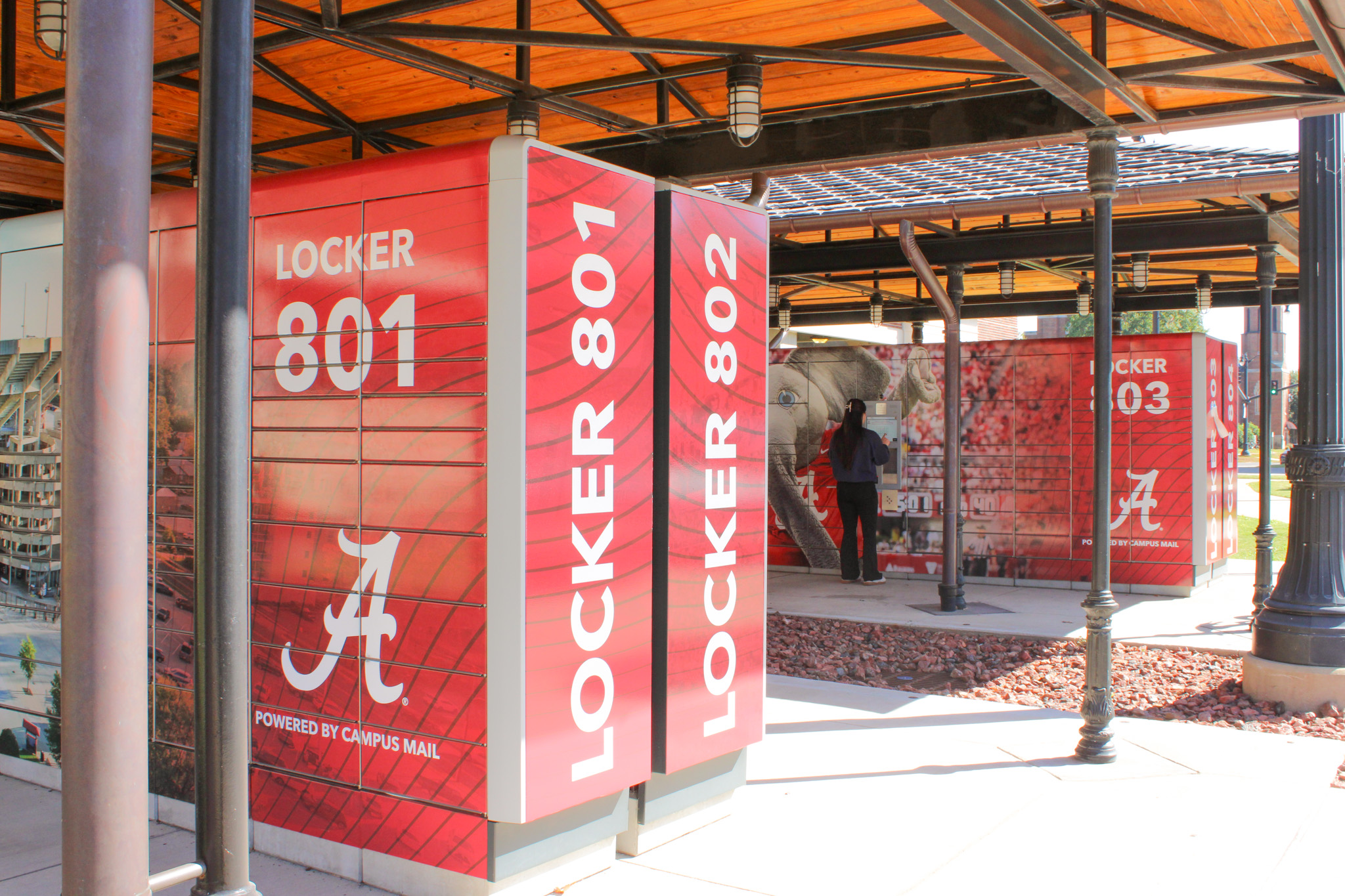 Magnolia Lockers with crimson design on them.