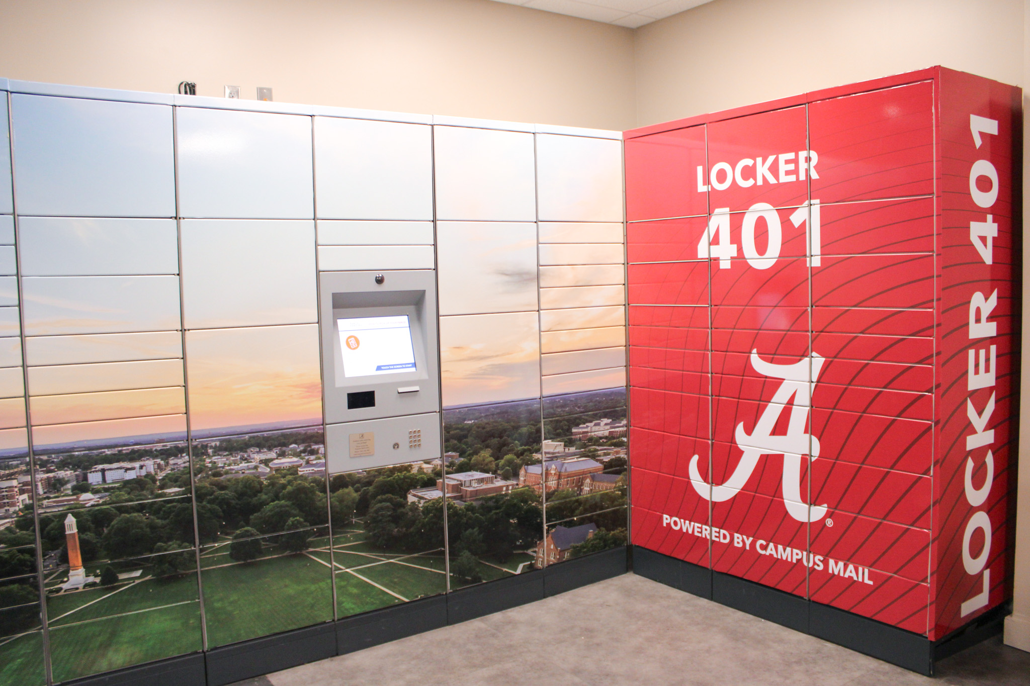 Locker 401 wrap of a drone shot of the University of Alabama quad at sunset.