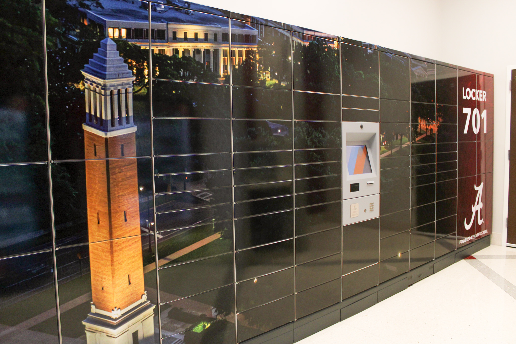 Locker 701 wrap of Denny Chimes and the quad lite up at nighttime.